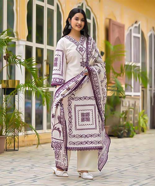 White  Linen Casual Wear Salwar Kameez in oxford