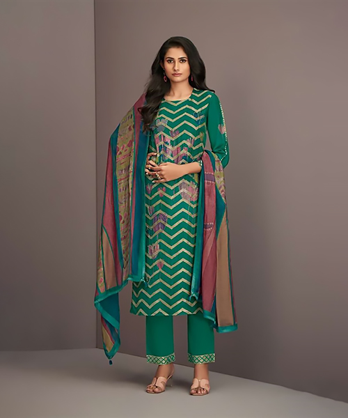 Green Muslin jacquard Designer Suit