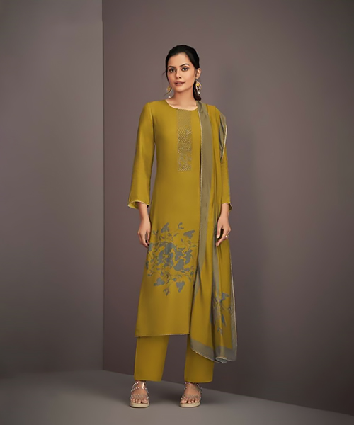 Yellow  Silk Partywear Suit