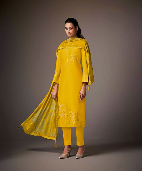 Yellow Muslin Jacquard Designer Salwar Kameez