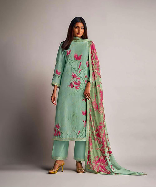 Cyan  Pure Linen Designer Salwar Kameez