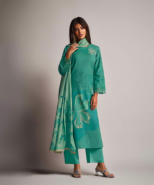 Cyan Linen Cotton Party Wear Salwar Kameez