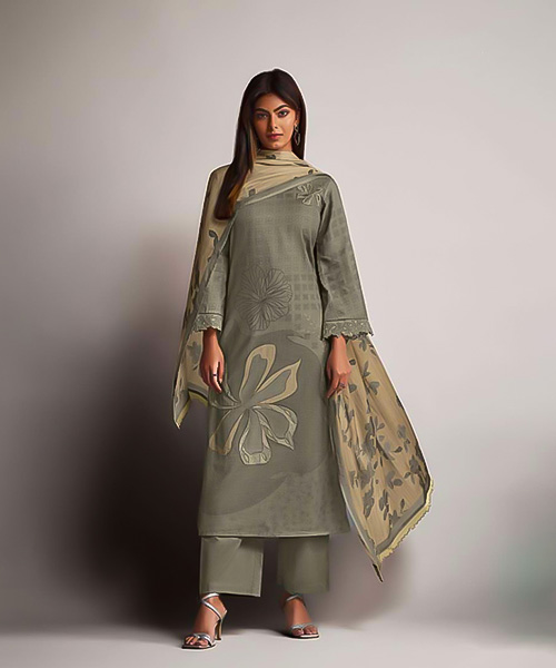 Grey Linen Cotton Party Wear Salwar Kameez