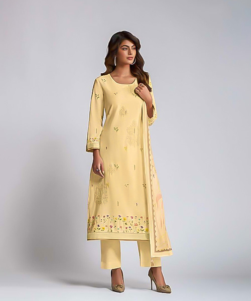 Light Yellow Linen Cotton Party Wear Salwar Kameez