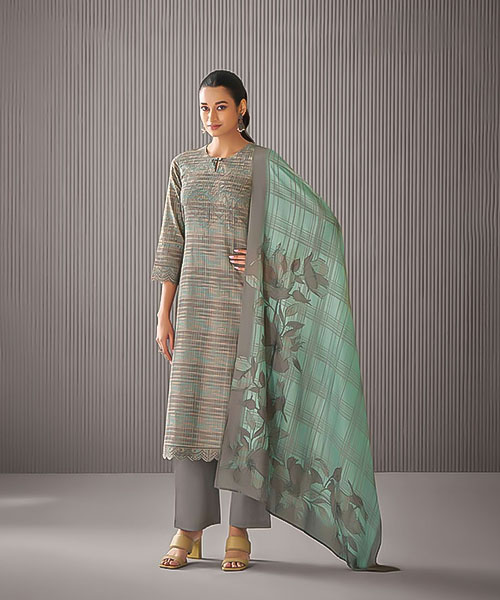 Grey Linen Cotton Party Wear Salwar Kameez