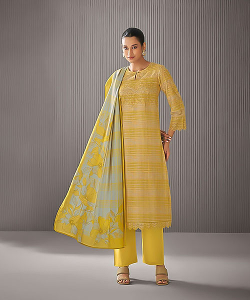 Yellow Linen Cotton Party Wear Salwar Kameez