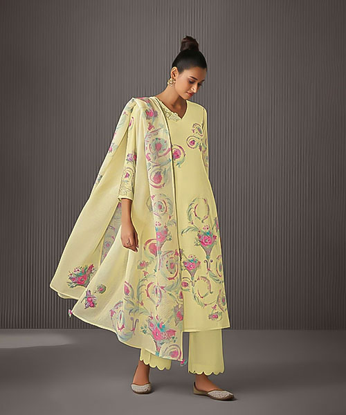 Yellow Linen Cotton Party Wear Salwar Kameez