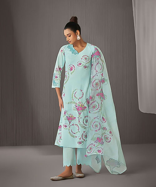 Sky Blue Linen Cotton Party Wear Salwar Kameez