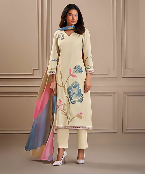 White  Cotton Silk Jacquard Party Wear Salwar Kameez in delhi