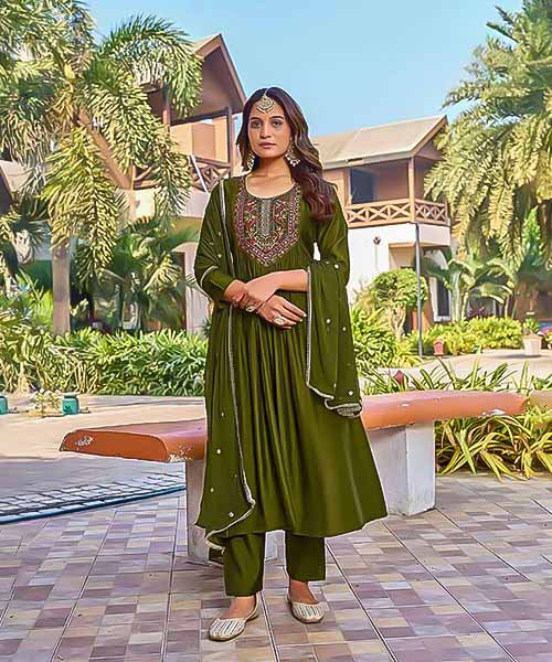 Olive Green  Viscose Roman Silk Casual Wear Kurti