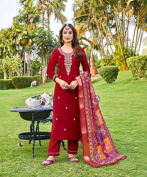 Red Viscose Roman Silk Casual Wear Salwar Kameez in san jose