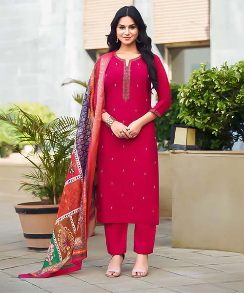 Red  Viscose Roman Silk  Casual Wear Salwar Kameez in edinburgh