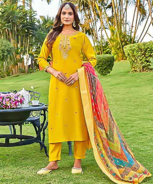 Yellow Viscose Roman Silk Casual Wear Salwar Kameez in san jose