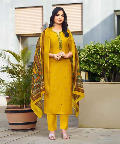 Yellow Viscose Roman Silk  Casual Wear Salwar Kameez in edinburgh