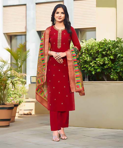 Red  Viscose Roman Silk  Casual Wear Salwar Kameez in edinburgh