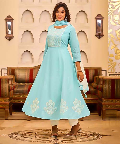 Sky Blue Cotton Casual Wear Salwar Kameez