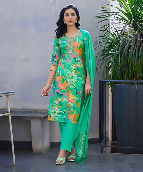 Cyan Chanderi Casual Wear Salwar Kameez