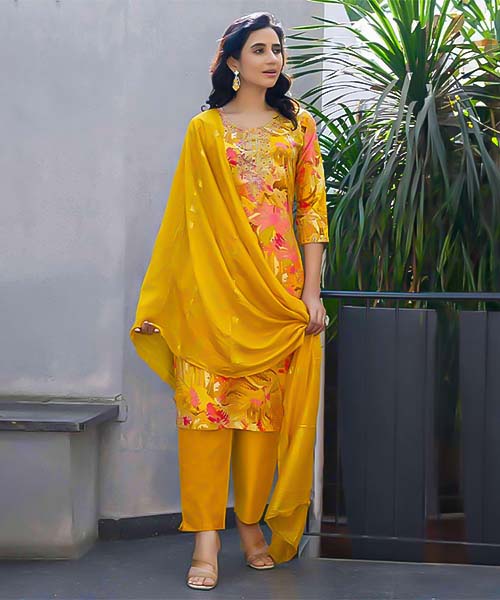 Yellow Chanderi Casual Wear Salwar Kameez