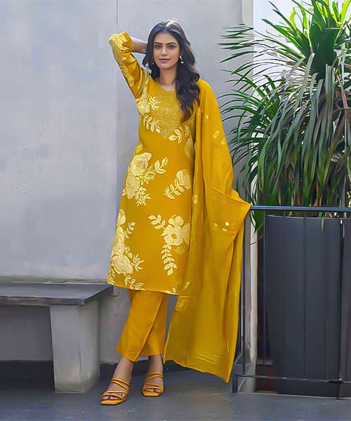Yellow Chanderi Casual Wear Salwar Kameez