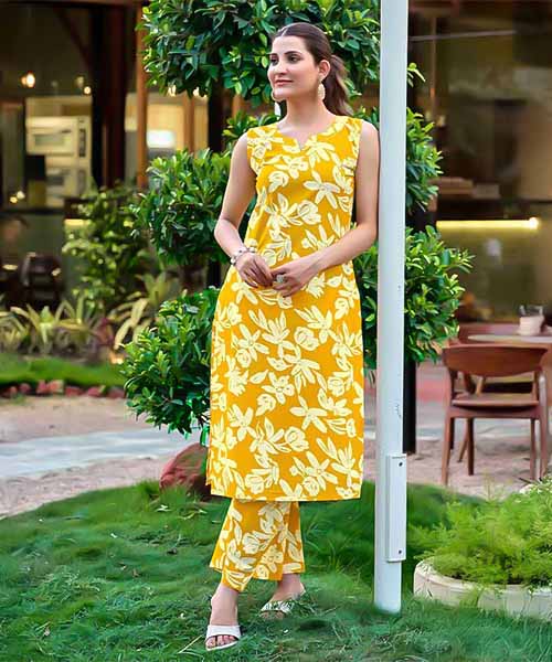 Yellow Cotton Printed Kurti