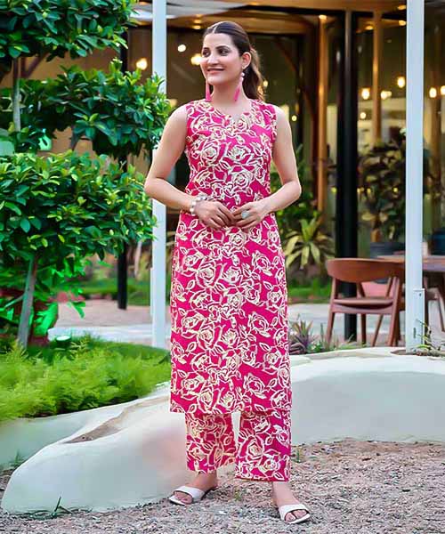 Magenta Cotton Printed Kurti