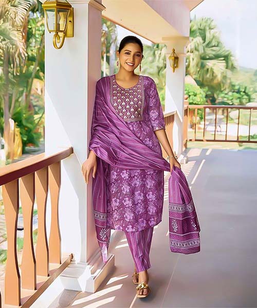 Purple Cotton Casual Wear Salwar Kameez