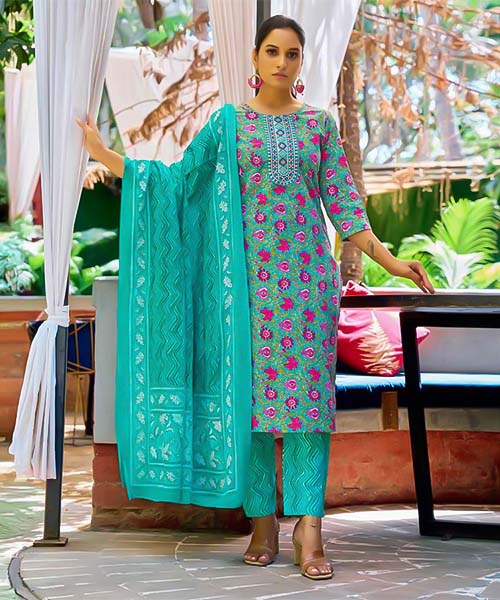 Cyan Cotton Casual Wear Salwar Kameez