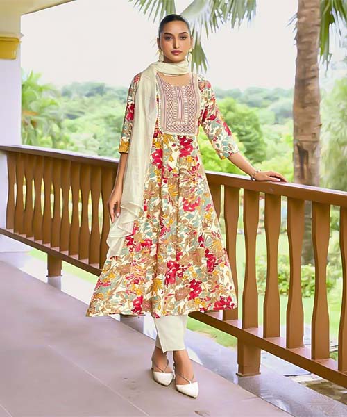 White  Rayon Casual Wear Salwar Kameez