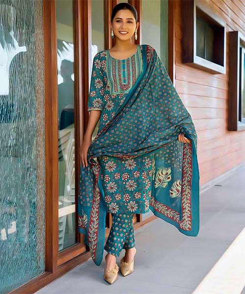 Blue Cotton Casual Wear Salwar Kameez