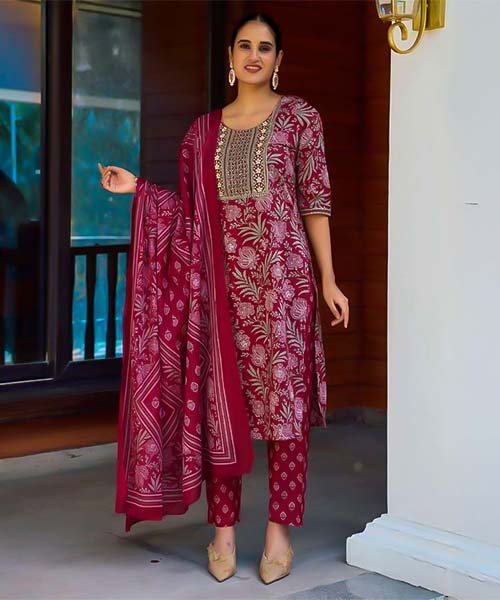 Red Cotton Casual Wear Salwar Kameez in canada