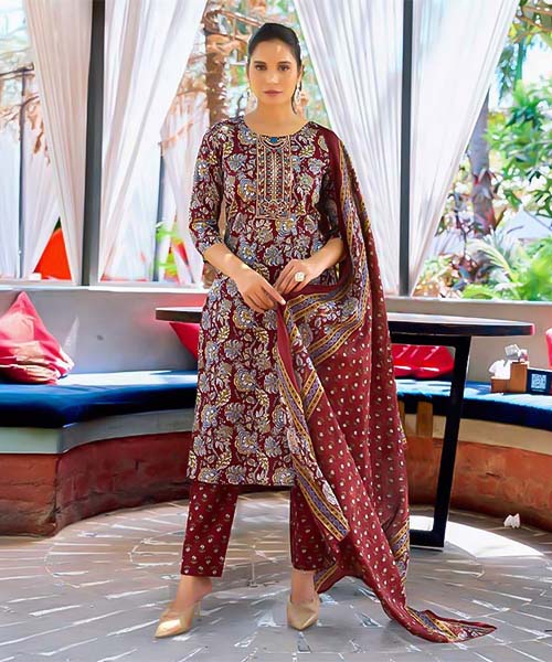 Red Cotton Casual Wear Salwar Kameez in canada