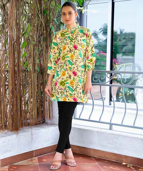 Yellow  Rayon Printed Kurti