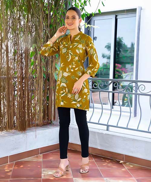 Yellow  Rayon Printed Kurti