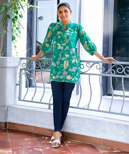 Cyan Rayon Printed Kurti