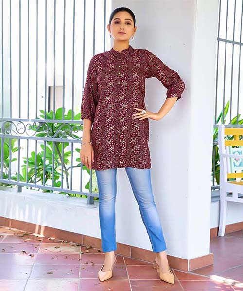Brown Rayon Printed Kurti