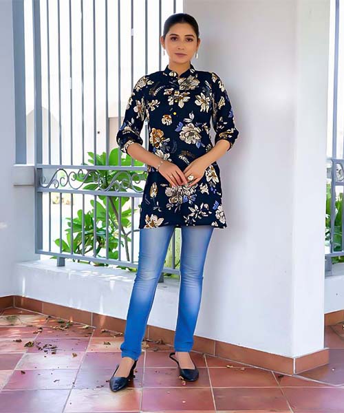 Blue Rayon Printed Kurti