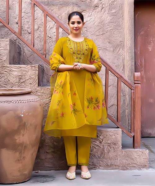 Yellow  Roman Silk  Casual Wear Salwar Kameez in middlesbrough