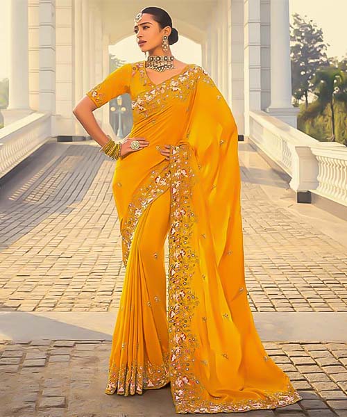 Yellow  Crape Designer Saree in mumbai