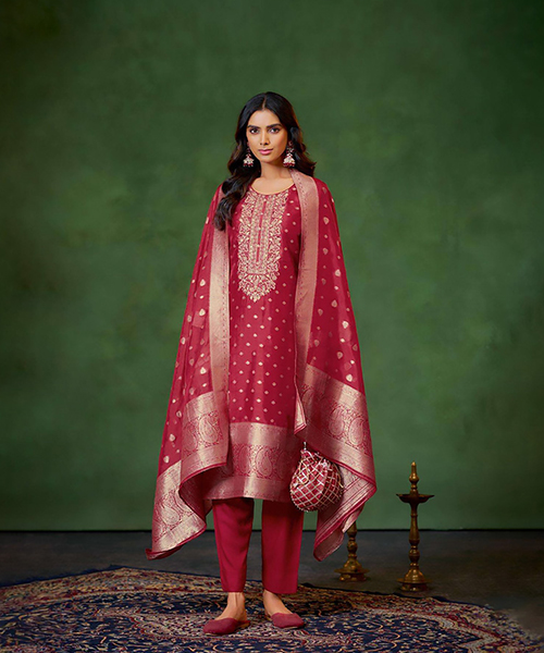 Red Banglory Silk Jacquard Partywear Suit