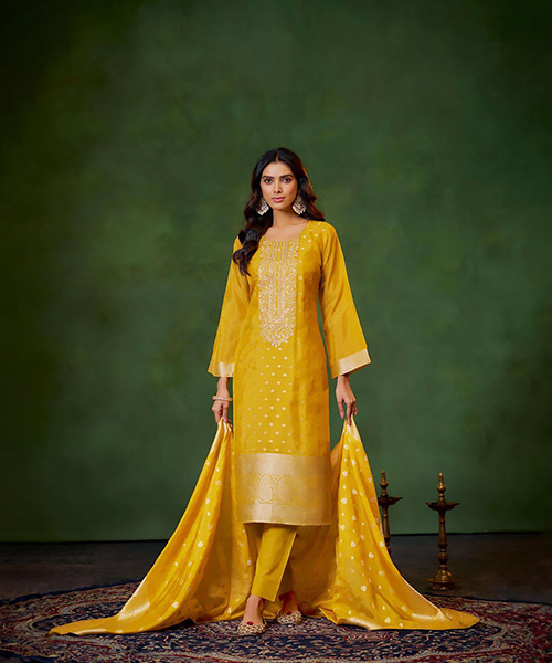 Yellow Banglory Silk Jacquard Partywear Suit