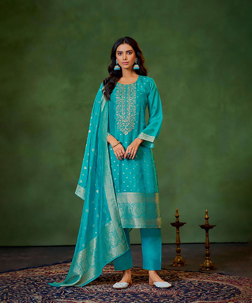 Blue Banglory Silk Jacquard Partywear Suit