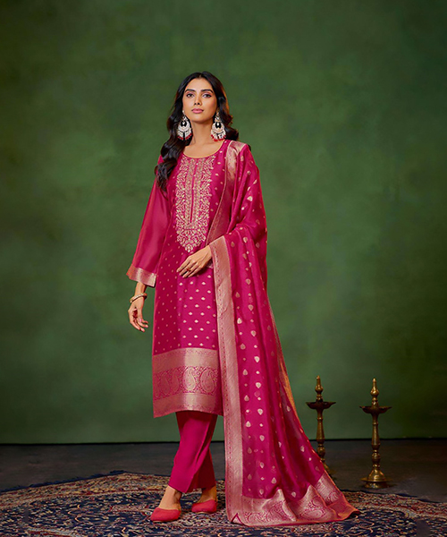 Purple Banglory Silk Jacquard Partywear Suit