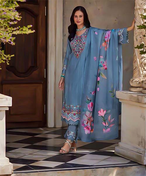 Blue Cotton Party Wear Salwar Kameez