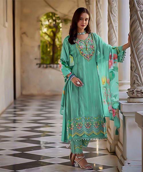 Green Cotton Party Wear Salwar Kameez