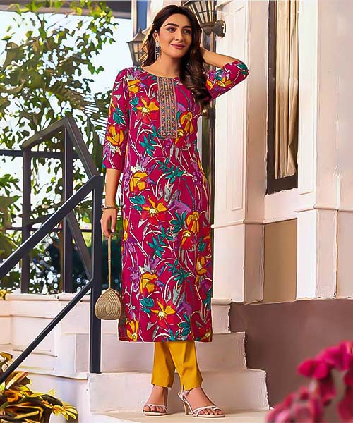 Pink  Rayon Printed Kurti in delhi