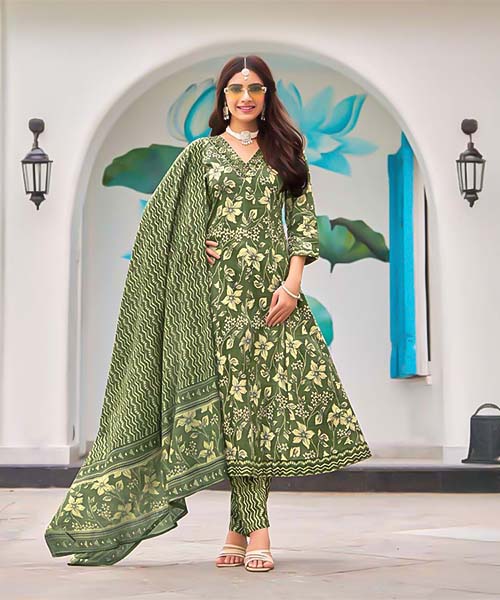 Green Cotton Casual Wear Salwar Kameez