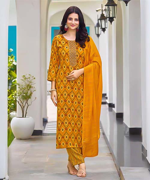 Yellow Rayon Casual Wear Salwar Kameez