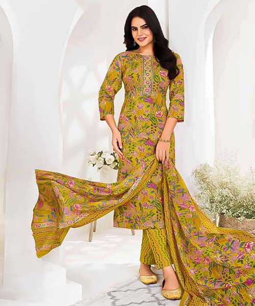 Yellow Cotton Printed Salwar Kameez