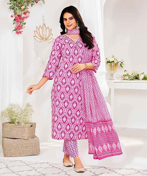 Pink  Cotton Printed Salwar Kameez