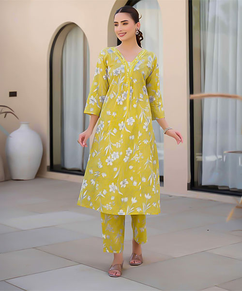 Yellow Cotton Printed Kurti